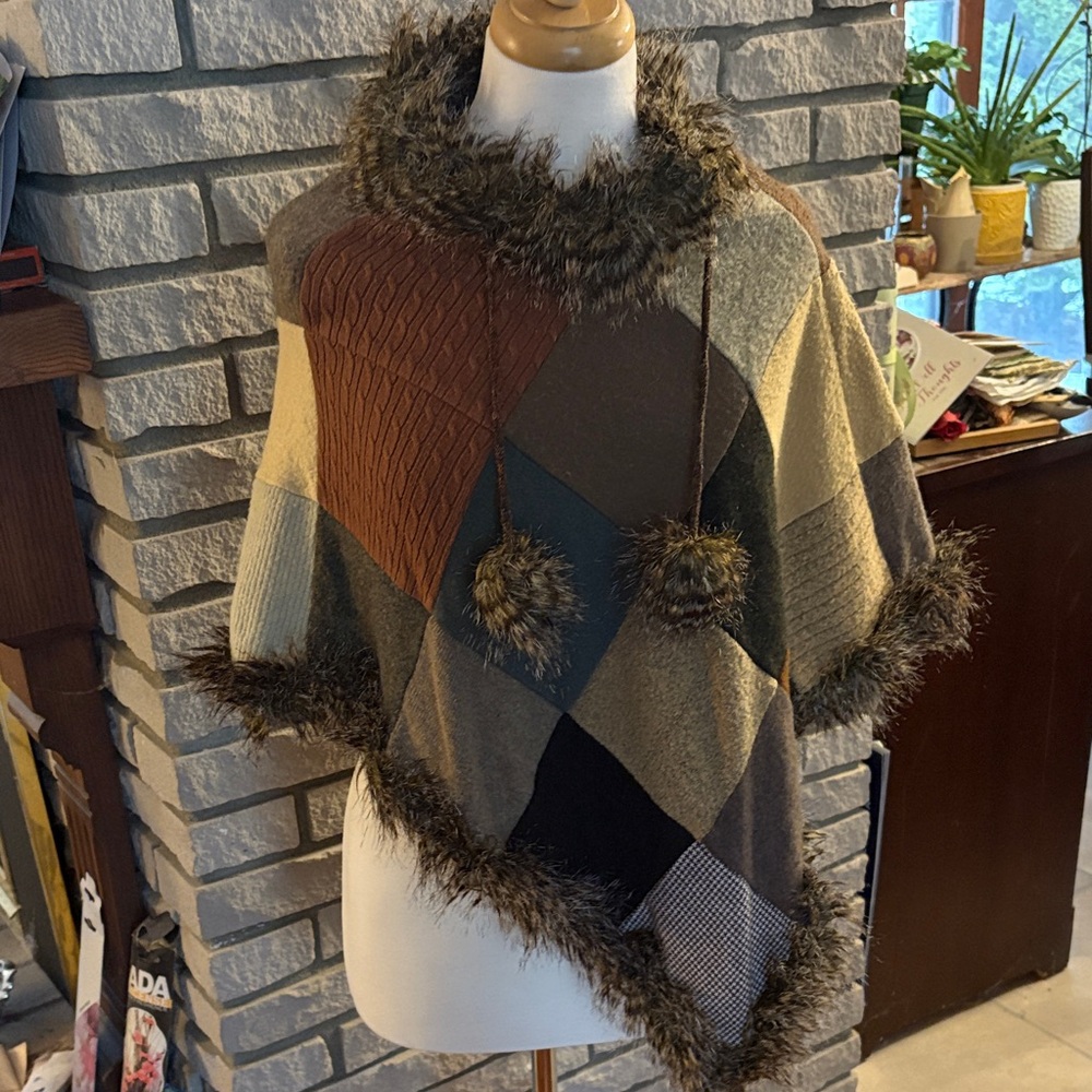 Boho Patchwork Poncho with Faux Fur Trim